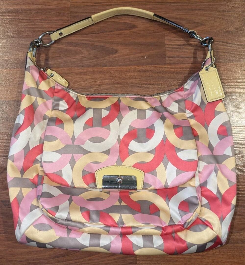 Coach Kristin F22741 Large Satin Leather Hobo Shoulder Bag Multicolor Print